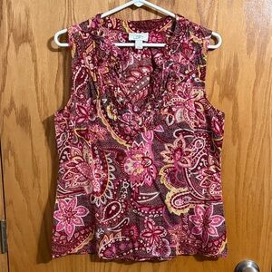 LOFT Pink and Yellow Paisley Ruffle V-Neck Sleeveless Blouse